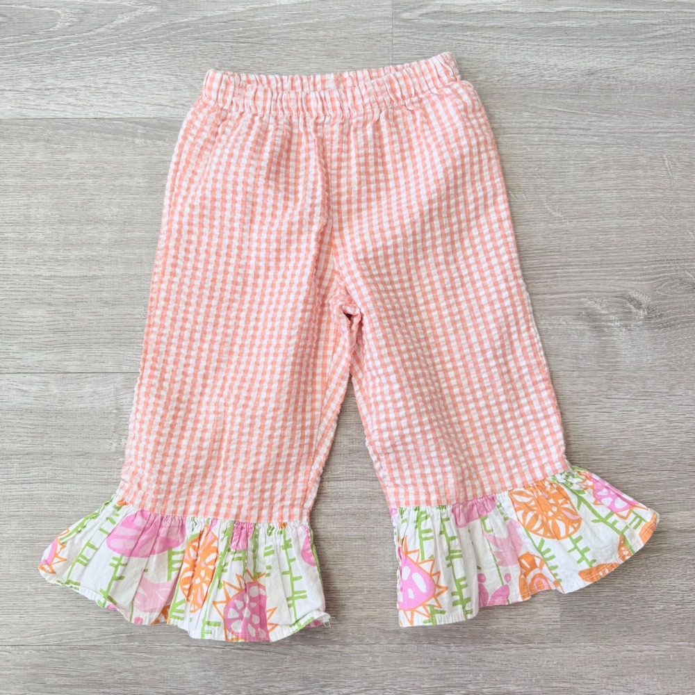 Toddler Girls Pink Gingham Smocked Ruffle Hem Pants Size 3T Boutique Style